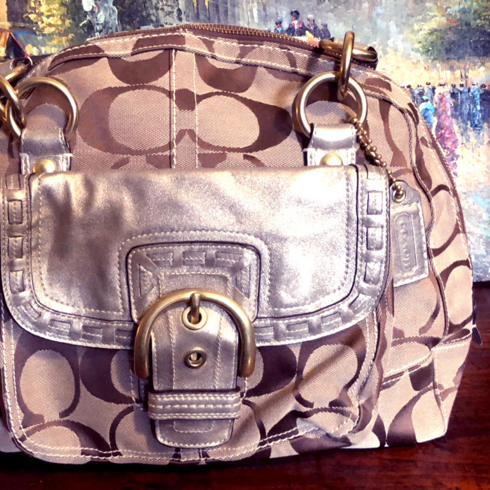 Coach Signature Print Purse -  Metallic Accent